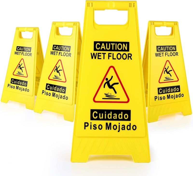 WOUSEDO 4-Pack Caution Wet Floor Sign,17.5" Height,Bright Yellow Double-Sided Folding A-Shaped Frame Design, Bilingual Caution Message - Image 1